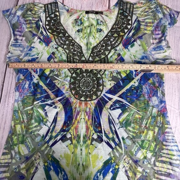 Apt 9 Blouse Size L Tie-Dye Green Blue Crochet Overlay Rhinestones V-Neck Y2K - Picture 10 of 12